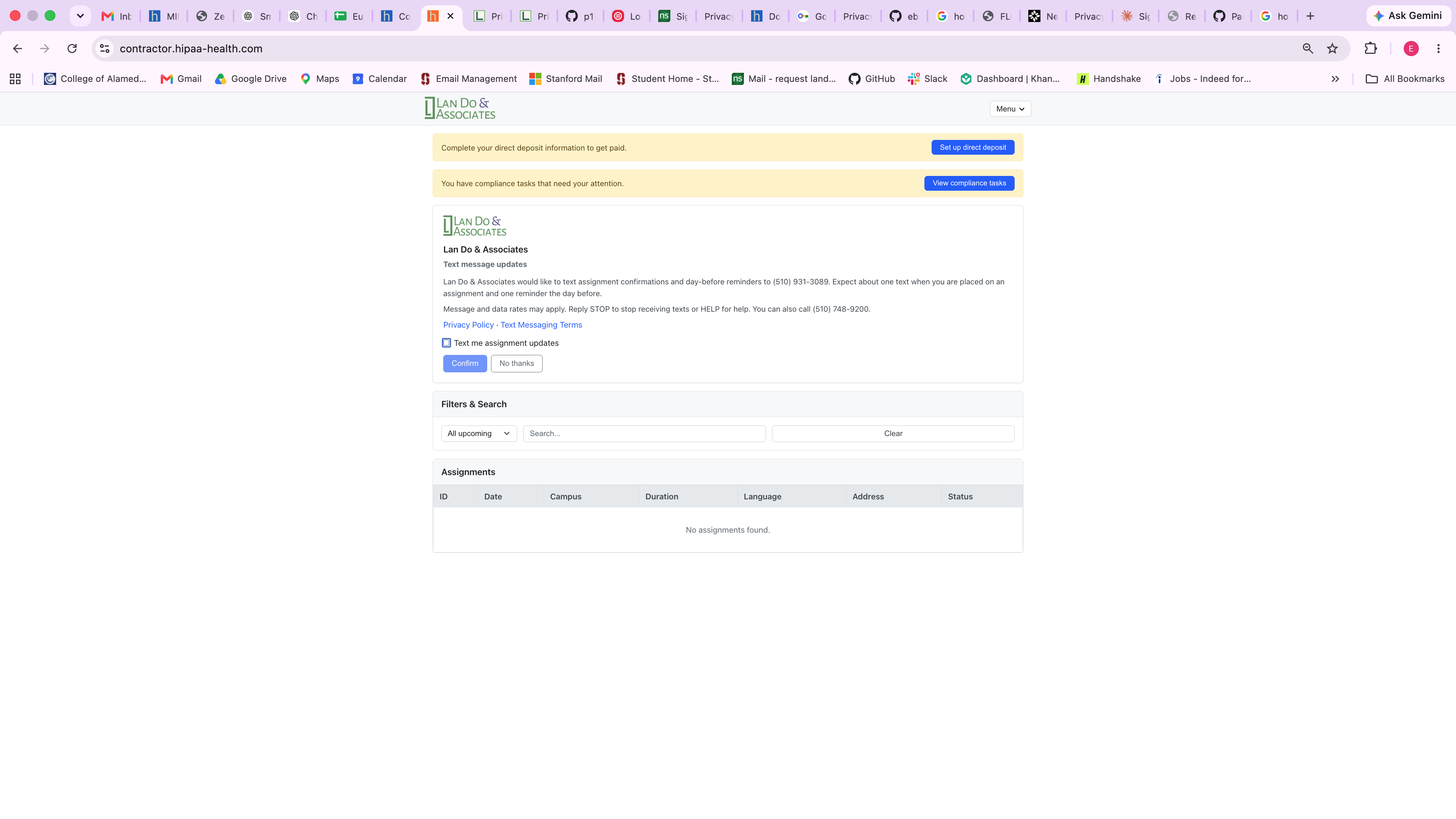 Screenshot of the contractor portal showing the Text message updates consent card as it first appears: the Text me assignment updates checkbox is unchecked and the Confirm button is disabled